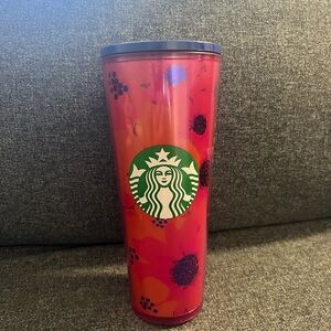 Starbucks Red-Pink Floral Travel Tumbler with Green Logo